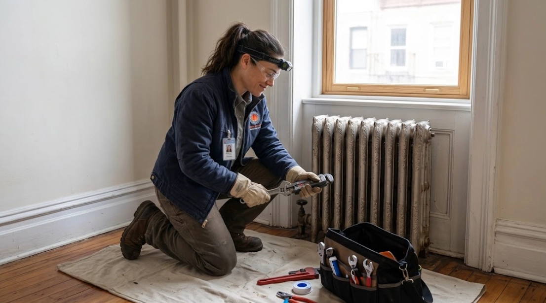 Plumber using a pipe wrench to service and repair a cast iron steam radiator valve in Riverdale